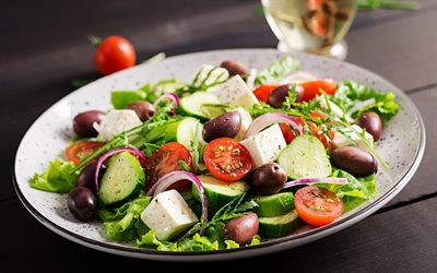 Greek salad, 4k, horiatiki salad, healthy food, salads, vegetable salad, Greek salad recipe, tomatoes, cucumbers, onion, feta cheese, olives, Greek oregano, olive oil, weight loss, diet