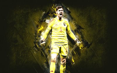 Thibaut Courtois, Belgium national football team, Belgian football player, goalkeeper, Qatar 2022, yellow stone background, Belgium, football