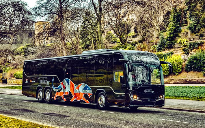 plaxton panther le volvo b8rle, 4k, väg, 2018 bussar, c53f, svart buss, passagerartransport, passagerarbuss, plaxton
