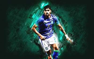 Lucas Paqueta, Brazil national football team, Brazilian soccer player, attacking midfielder, turquoise stone background, Brazil, Qatar 2022, football