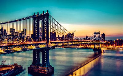 manhattan bridge, kväll, solnedgång, new york, manhattan, skyskrapor, hängbro, east river, downtown brooklyn, new york stadsbild, usa