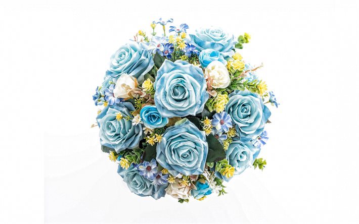 bouquet di rose blu, sfondo bianco, bouquet da sposa, rose blu, bel mazzo, rose