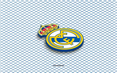 4k, شعار ريال مدريد متساوي القياس, فن ثلاثي الأبعاد, نادي أسبانيا لكرة القدم, الفن متساوي القياس, ريال مدريد, خلفية بيضاء, الدوري الاسباني, إسبانيا, كرة القدم, شعار متساوي القياس, شعار ريال مدريد