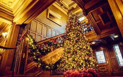 Christmas tree, interior, Merry Christmas, Happy New Year, Christmas evening, burning garlands on the Christmas tree, Christmas tree near the stairs