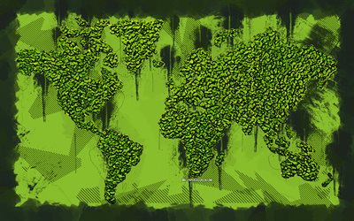 4k, carte du monde de l'herbe, grunge art, notions d'écologie, cartes du monde, fond vert grunge, carte du monde vert, carte du monde 3d, écologie