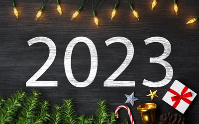 4k, Happy New Year 2023, christmas lanterns, wooden background, flashlights, white digits, 2023 concepts, 2023 Happy New Year, 3D art, snow, 2023 snow digits, xmas decorations, 2023 wooden background, 2023 year, 2023 white digits