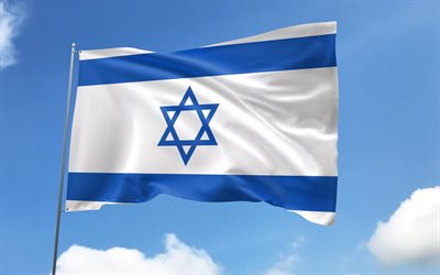 israel flagga på flaggstången, 4k, asiatiska länder, blå himmel, israels flagga, vågiga satinflaggor, israelisk flagga, israeliska nationella symboler, flaggstång med flaggor, israels dag, asien, israel flagga, israel