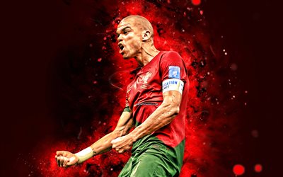 pepe, 4k, röda neonljus, portugals fotbollslandslag, fotboll, fotbollsspelare, röd abstrakt bakgrund, portugisiskt fotbollslag, pepe 4k