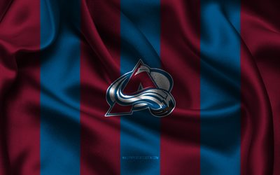 4k, logotipo de avalanche de colorado, tela de seda burdeos azules, equipo de hockey estadounidense, emblema de avalanche de colorado, nhl, avalancha de colorado, eeuu, hockey, bandera de avalanchas de colorado