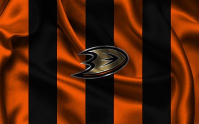 4k, logotipo de anaheim ducks, оранжевый черный tela de seda, equipo de hockey estadounidense, anaheim patos emblema, nhl, patos de anaheim, eeuu, hockey, bandera de patos de anaheim