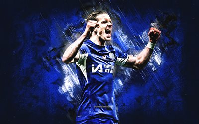 Conor Gallagher, Chelsea FC, English football player, blue stone background, grunge art, Premier League, England, football