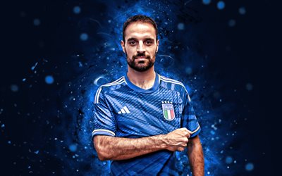 Giacomo Bonaventura, 4k, blue neon lights, Italy National Football Team, soccer, footballers, blue abstract background, Italian football team, Giacomo Bonaventura 4K