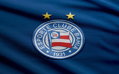 ec bahia fabric logo, 4k, fond de tissu bleu, série brésilienne a, bokeh, football, ec bahia logo, ec bahia emblem, ec bahia, club de football brésilien, bahia fc