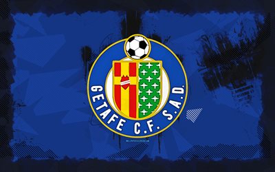 شعار getafe cf grunge, 4k, لاليجا, خلفية الجرونج الأزرق, كرة القدم, شعار getafe cf, getafe cf, نادي كرة القدم الأسباني, getafe fc