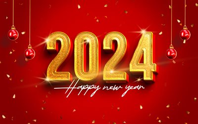 2024 feliz año nuevo, 4k, dígitos 3d dorados, 2024 fondo rojo, 2024 conceptos, bolas de navidad doradas, 2024 dígitos dorados, decoraciones de navidad, feliz año nuevo 2024, creativo, 2024 año, feliz navidad