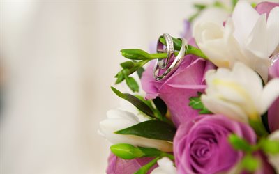 wedding rings, bouquet of roses, wedding bouquet