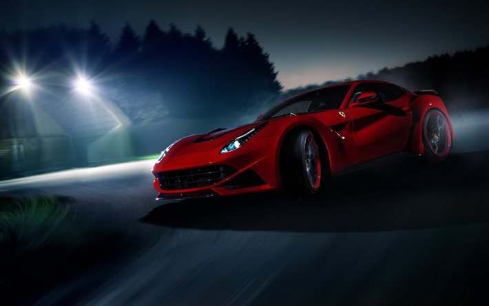 Ferrari F12 Berlinetta, a la deriva, pista de carreras, noche, rojo ferrari