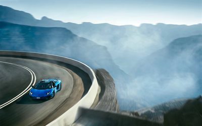 Lamborghini Aventador LP 750-4, supercars, mountain road, speed, blue lamborghini