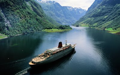 norwegen, sommer, fjord, schiff, berge