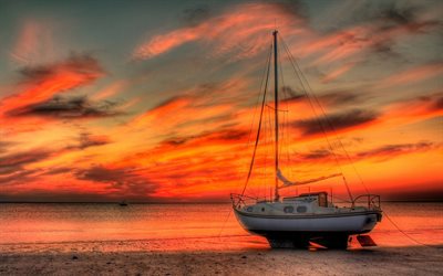 coast, sunset, yacht, sea, HDR