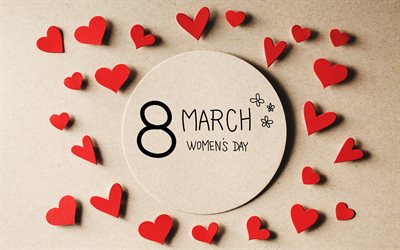 8 mars, glad kvinnodag, hjärtan, papper, internationella kvinnodagen