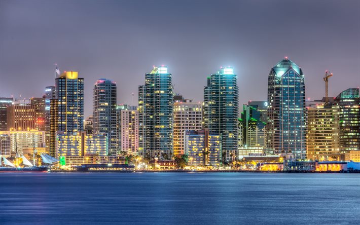 los rascacielos, los estados UNIDOS, San Diego, costa, metropolis, de noche, puerto, estados unidos, 4k, luces