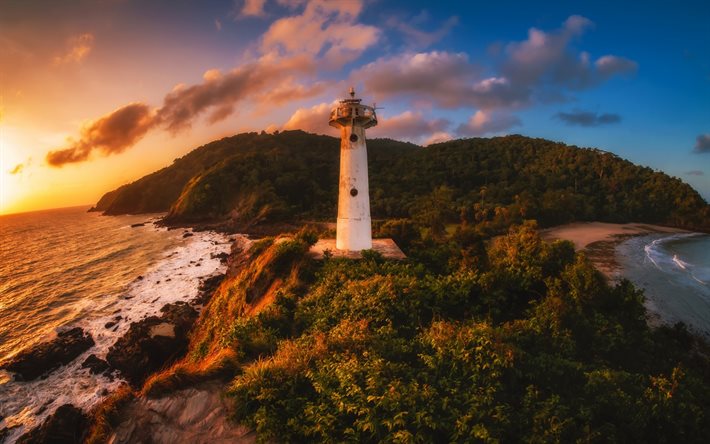 Lighthouse, sunset, coast, ocean, evening, beach