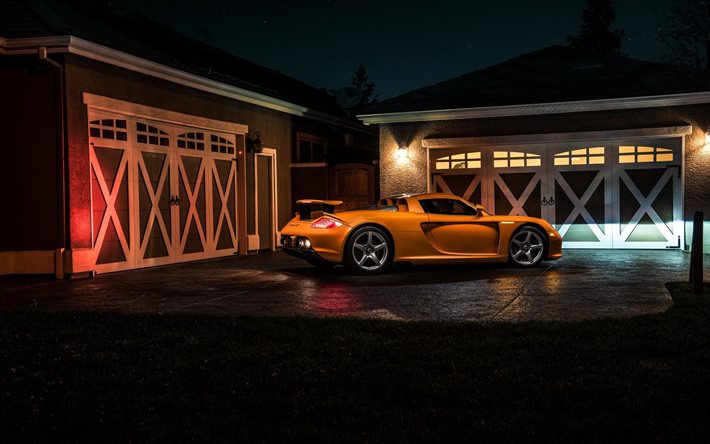 Porsche Carrera GT, supercars, night, sportcars, orange Carrera GT, Porsche