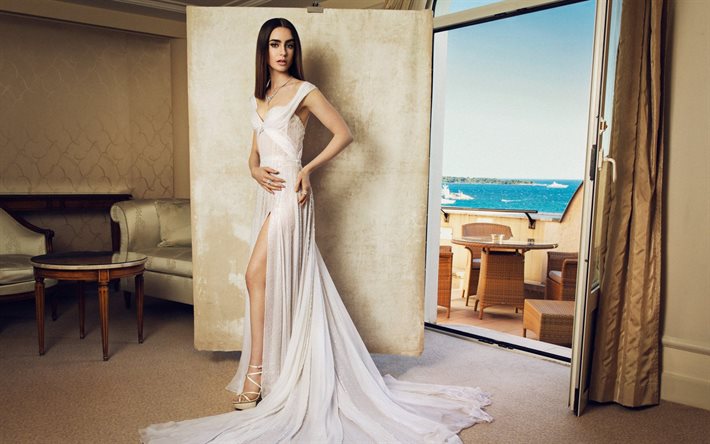 Hollywood, Lily Collins, beauty, white dress, american actress