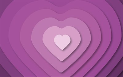 البنفسجي 3d القلب, 4k, فن تجريدي, تصميم المواد, مفاهيم الحب, قلوب ثلاثية الأبعاد, خلفية مع القلب, قلوب