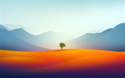 arbre solitaire, 4k, montagnes, soleil, créatif, paysages minimalisme, paysages abstraits, nature abstraite