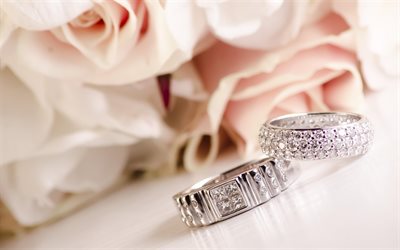 anéis de casamento, casamento, rosa, anel de ouro branco