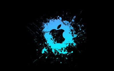 アップルブルーのロゴ, 4k, ミニマリズム, クリエイティブ, 青いグランジ水しぶき, アップル グランジ ロゴ, アップルのロゴ, アートワーク, アップル