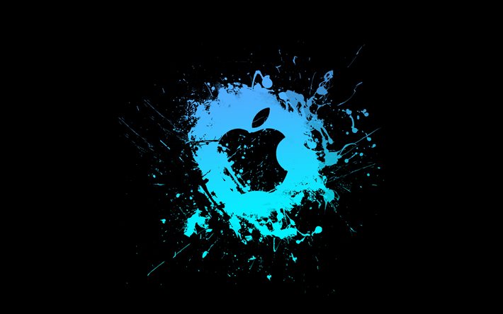 blaues apple logo, 4k, minimalismus, kreativ, blaue grunge spritzer, apple grunge logo, apple logo, kunstwerk, apfel