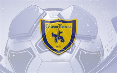 chievo verona の光沢のあるロゴ, 4k, 青いサッカーの背景, セリエb, サッカー, イタリアのサッカー クラブ, キエーヴォ ヴェローナ 3d ロゴ, キエーヴォ・ヴェローナの紋章, キエーヴォ ヴェローナ fc, フットボール, スポーツのロゴ, ac キエーヴォ ヴェローナ