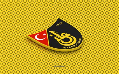 4k, istanbulspor as logo isometrico, arte 3d, squadra di calcio turca, arte isometrica, istanbulspor as, sfondo giallo, superlig, tacchino, calcio, emblema isometrico, logo dell'istanbulspor as