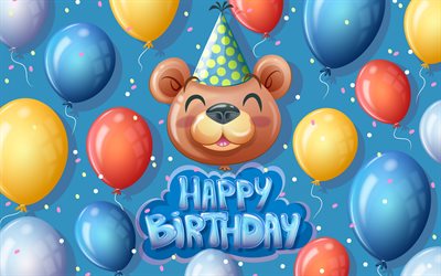 feliz aniversário, fundo azul com balões coloridos, fundo de balões de aniversário, cartão de feliz aniversário, modelo de feliz aniversário