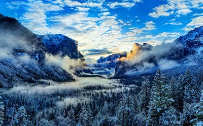 valle yosemite, 4k, invierno, valle, puesta de sol, montañas, california, america, eeuu, hermosa naturaleza, hitos americanos, hdr, parque nacional de yosemite