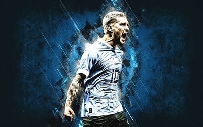 Giorgian de Arrascaeta, Uruguay national football team, Uruguayan soccer player, attacking midfielder, blue stone background, Uruguay football
