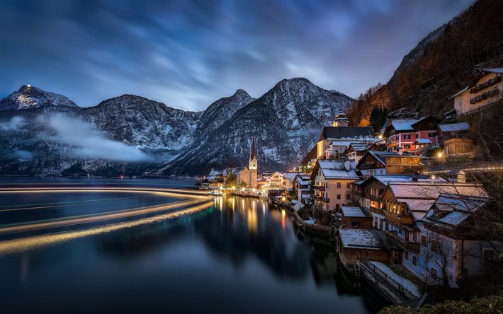 lake hallstatt, night, mountain, alps, hallstatt, austria
