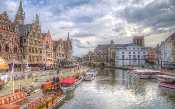 Gent, quay, canale, HDR, Belgio