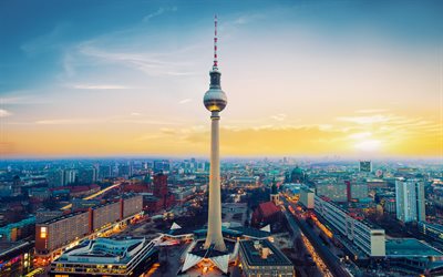 베를린, TV 타워, 본, 저녁 도시, tv 타워, 독일