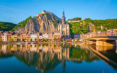 Dinant, 4K, reflet, rivière, pont, Belgique