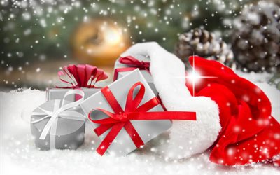Les cadeaux de noël, boîtes à cadeaux, neige, hiver, Nouvelle Année, Noël