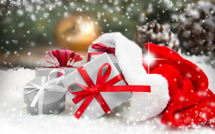 Noel hediyeleri, hediye kutuları, kar, kış, Yeni Yıl, Noel