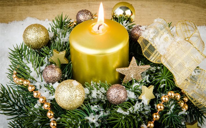 New Year, 2017, Christmas, Christmas decoration, candle, golden Christmas balls