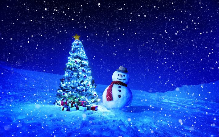 Christmas, snowman, night, New Year, christmas tree