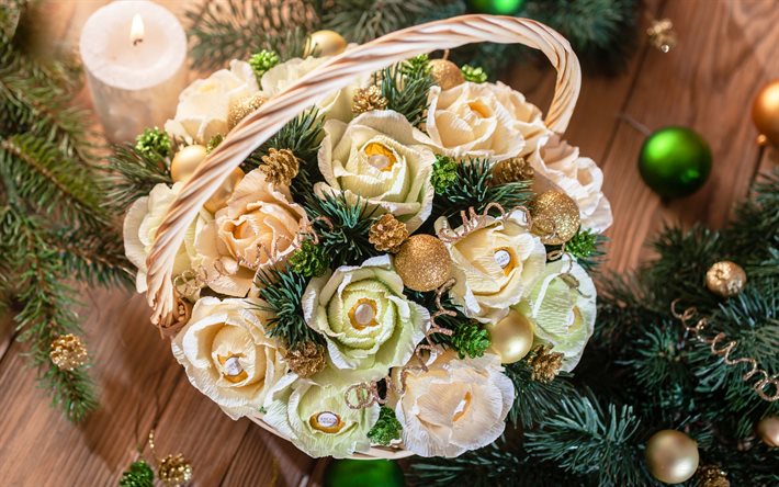 bouquet de natal, decorações de natal, rosas, ano novo, natal, bolas de natal