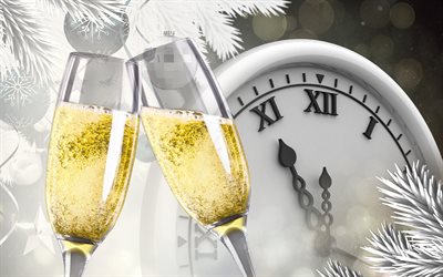 taças de champanhe, ano novo, natal, relógio, champanhe