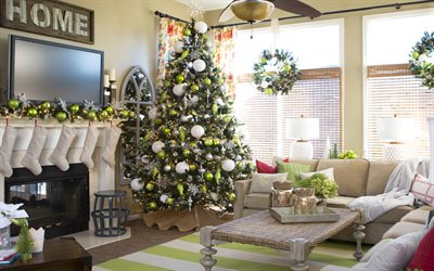 fireplace, Christmas tree, New Year, 2017, Christmas, green Christmas decorations